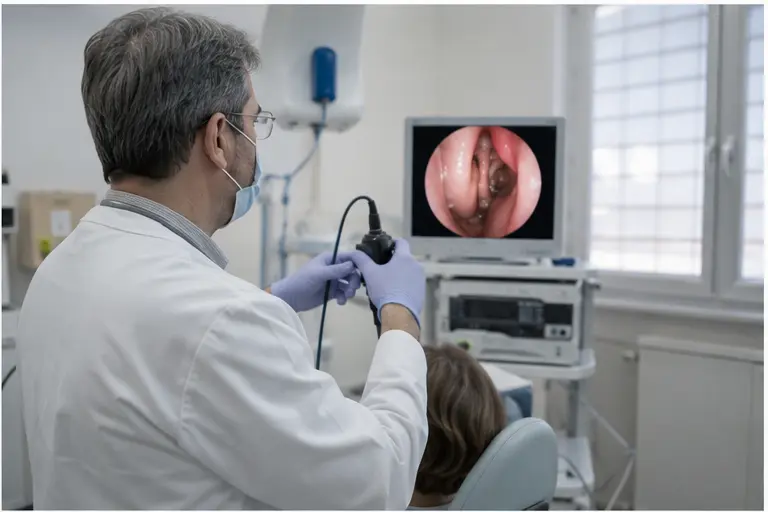 Otorinolaringoiatra ripreso di spalle durante una endoscopia in studio medico