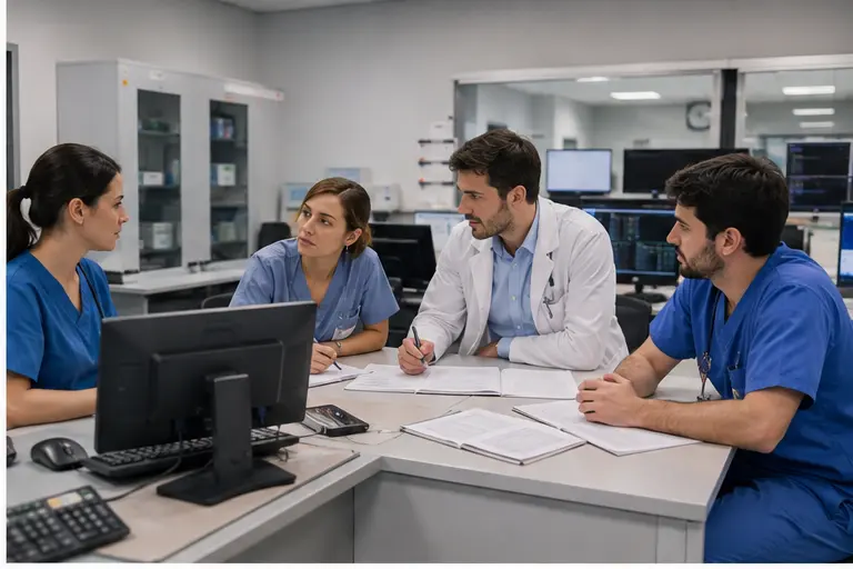 Equipe medica discute un caso clinico durante il turno di guardia
