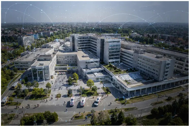 Grande ospedale italiano visto dall’alto con una trama astratta che richiama i dati